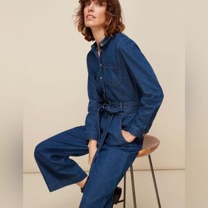 WHISTLES Denim Belted Jean Jumpsuit Long Sleeve Cropped Wide Leg Size US 8